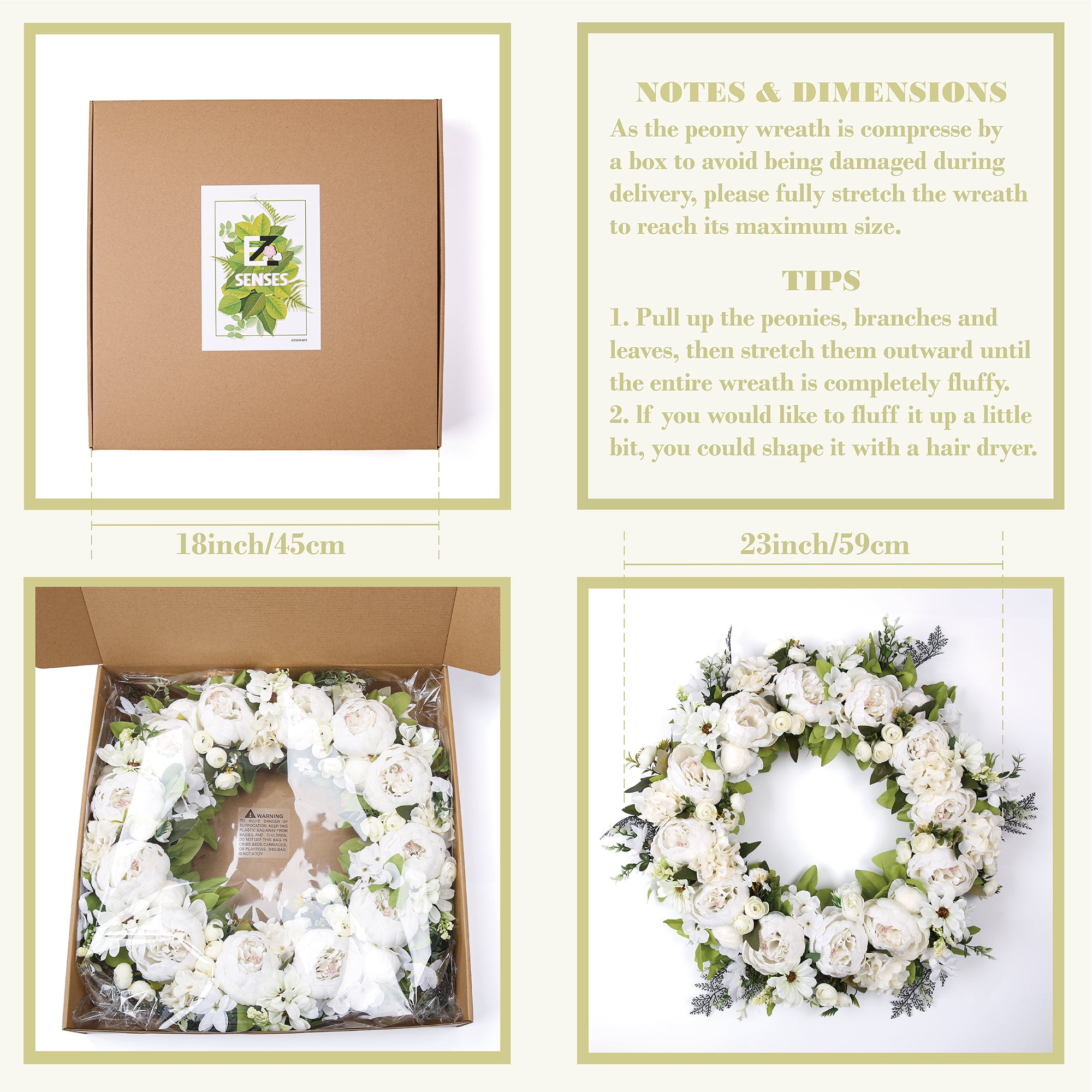 Peony Wreath - Floral Artificial Wreath - White 23"