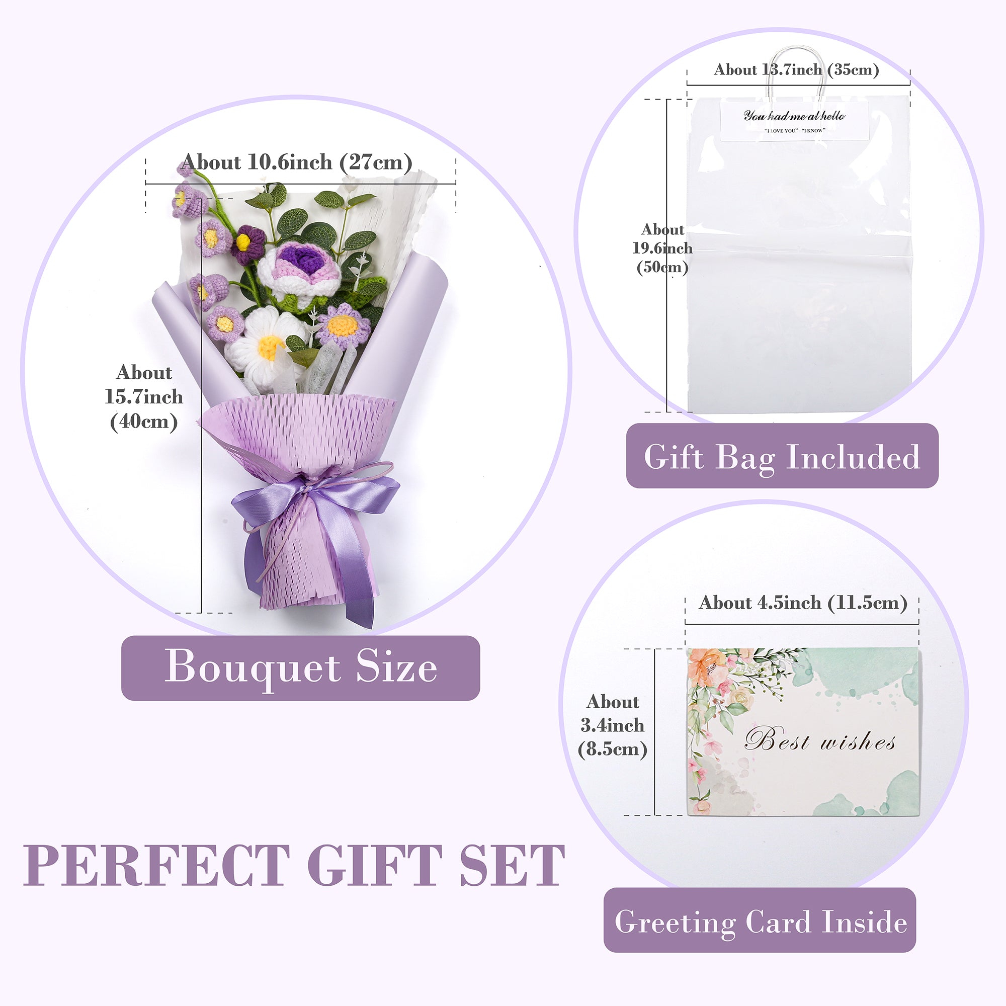 Hand-Knitted Rose & Lily of the Valley Crochet Bouquet - Tiny Purple