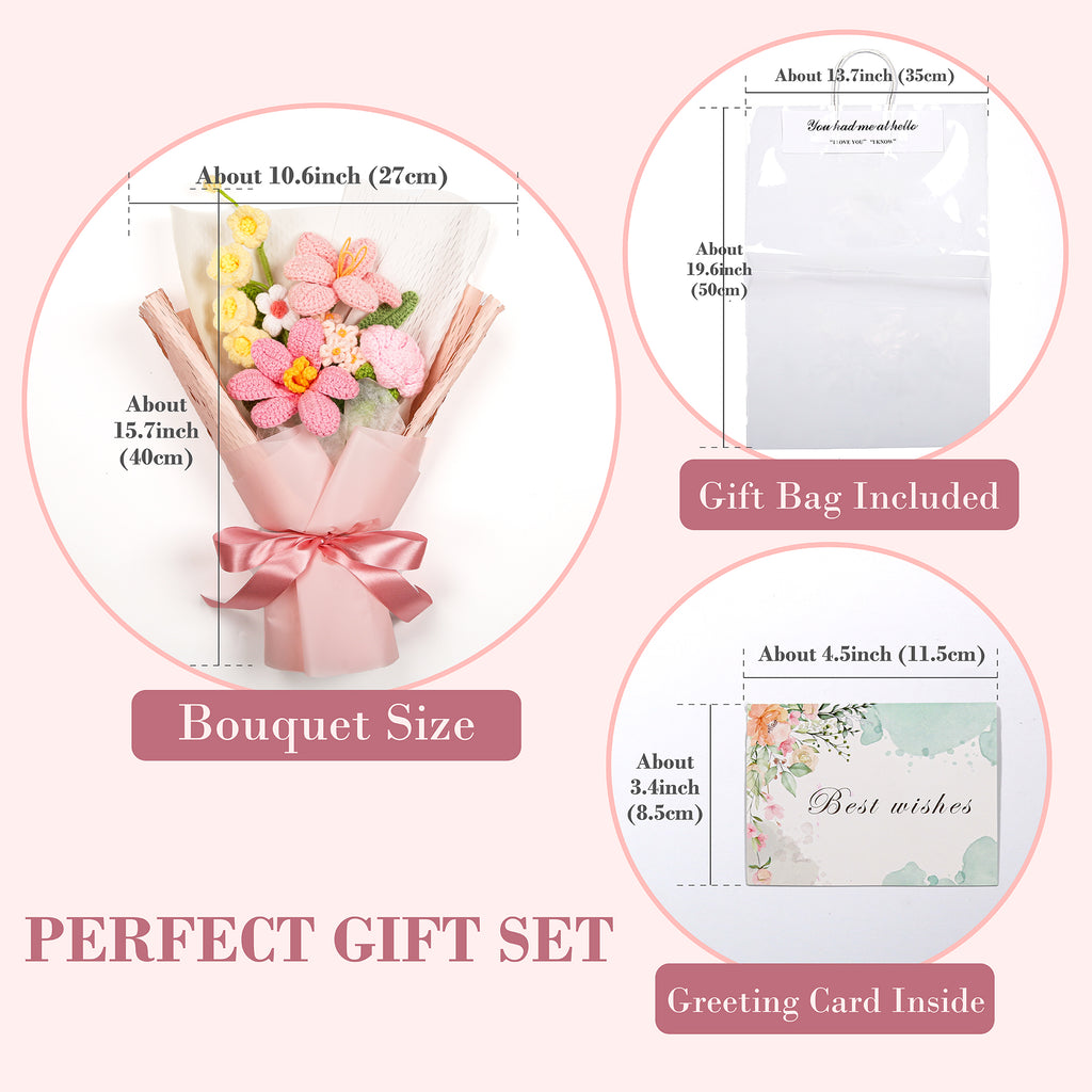 Hand-Knitted Tulip & Lily of the Valley Crochet Bouquet - Tiny Pink