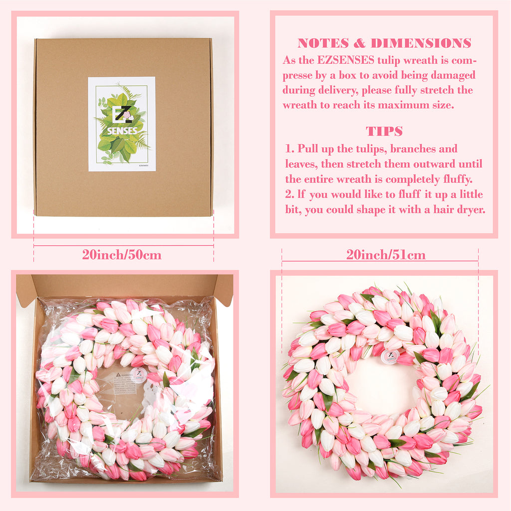 Spring Artificial Tulip Flower Wreath with Green Leaves - Pink 20
