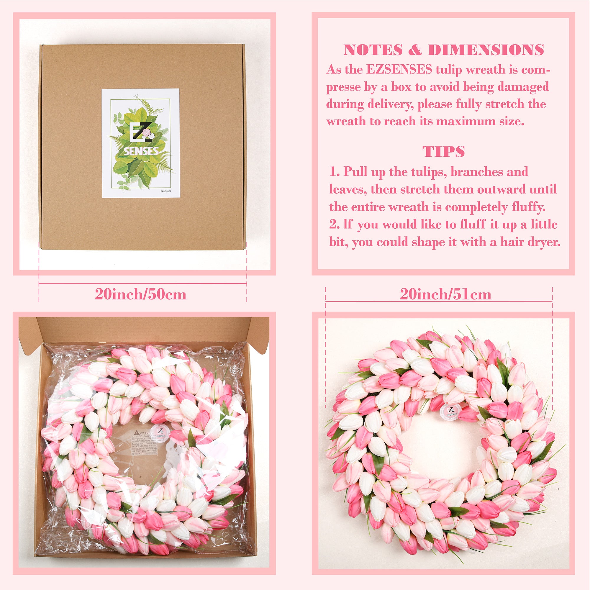 Spring Artificial Tulip Flower Wreath with Green Leaves - Pink 20