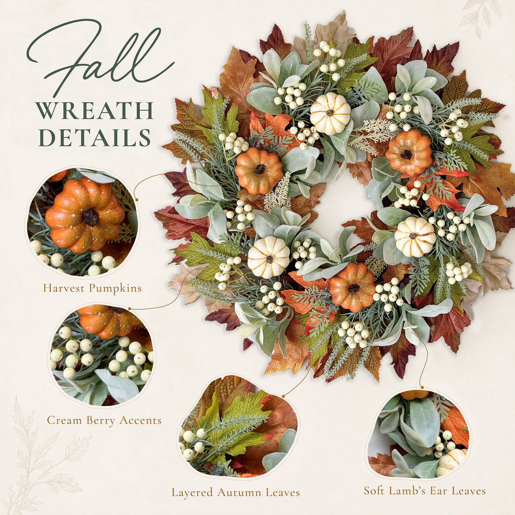 20 Inch Fall Pumpkin Wreath with Berries & Maple Leaves