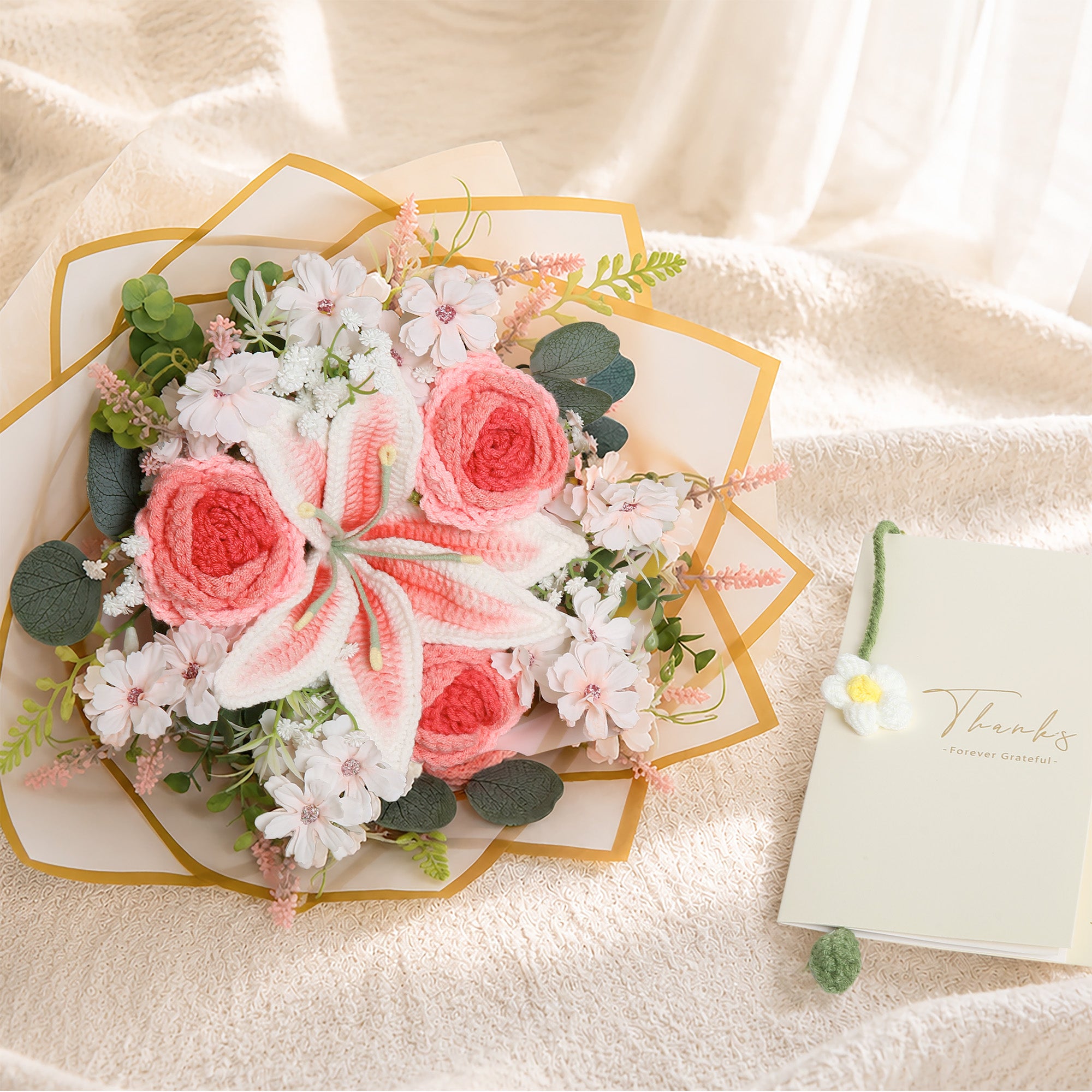Pink Crochet Flower Bouquet with Lily, Rose & Lavender