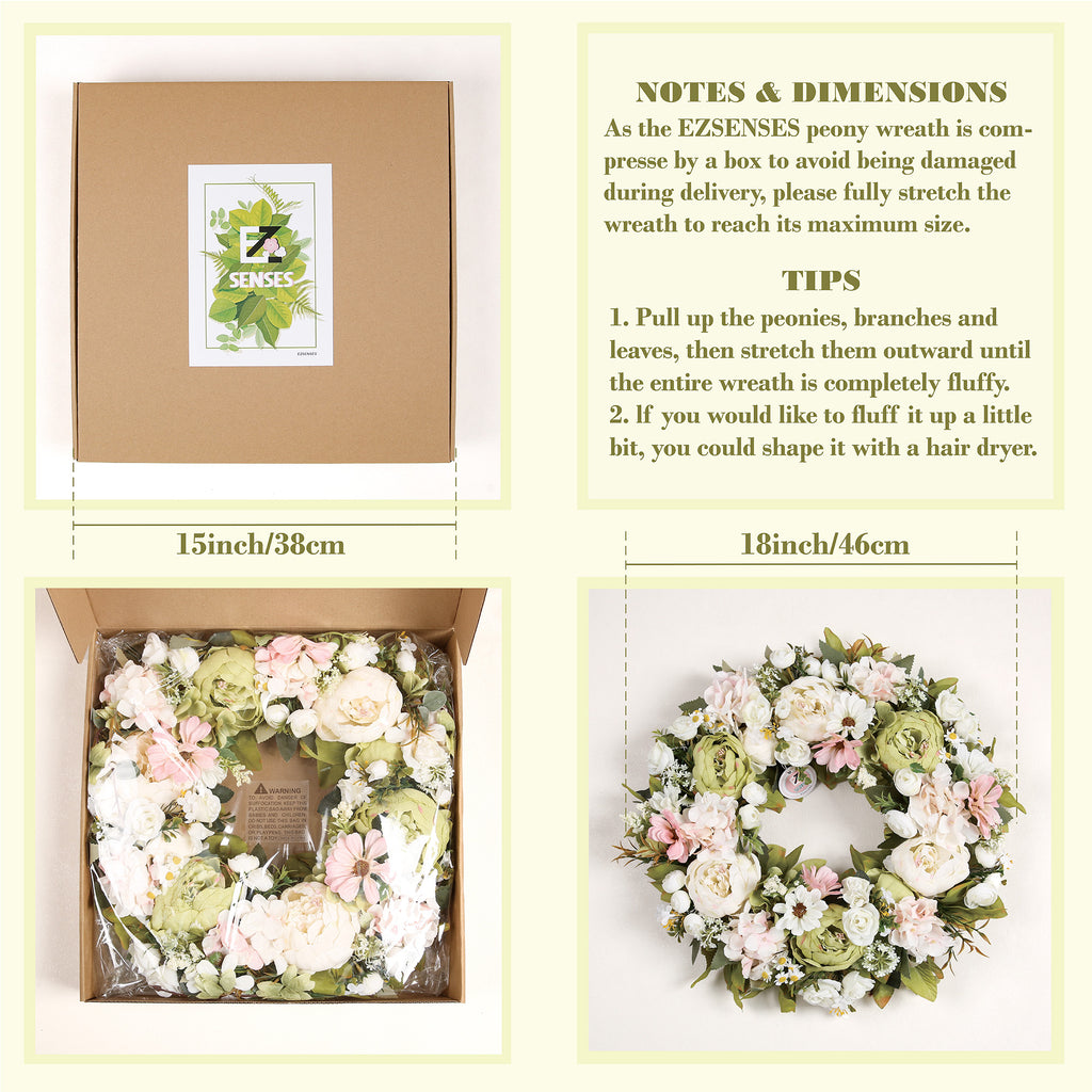 Peony Wreath - Floral Artificial Wreath - Green 18"