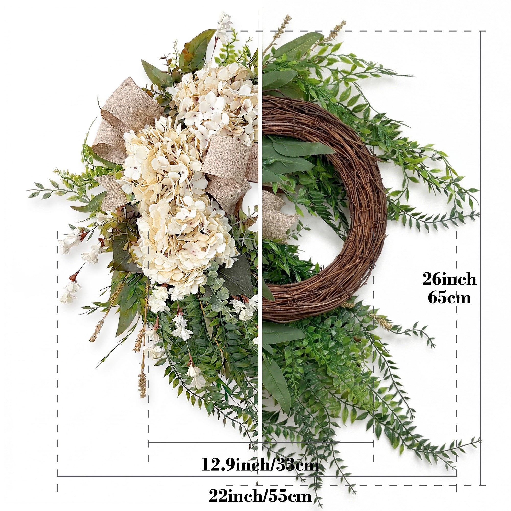 22 Inch White Hydrangea Wreath with Greenery & Burlap Bow
