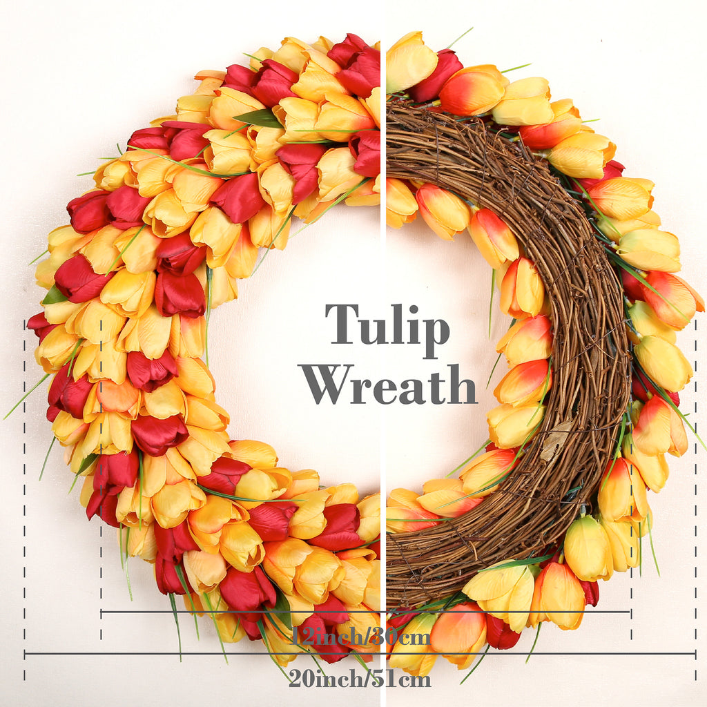 Spring Artificial Tulip Flower Wreath with Green Leaves