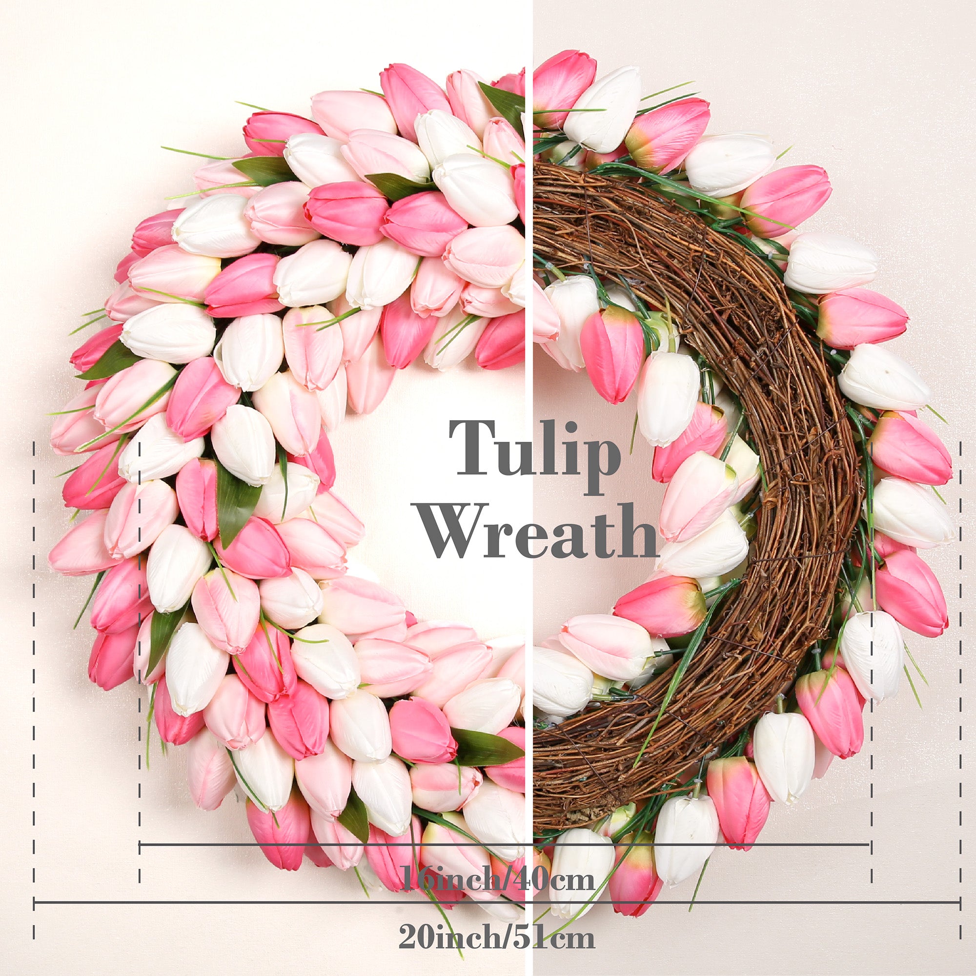 Spring Artificial Tulip Flower Wreath with Green Leaves - Pink 20