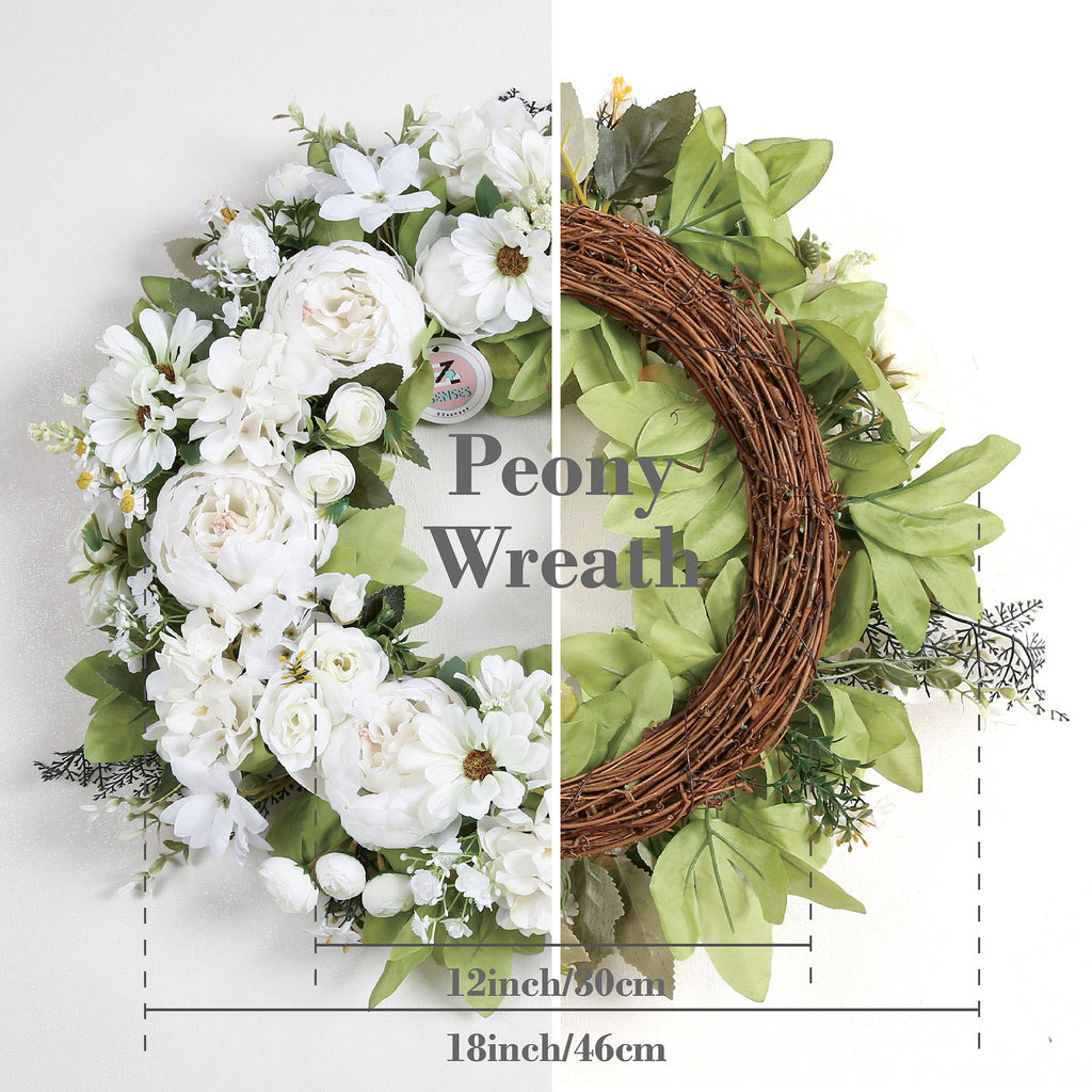 Peony Wreath - Floral Artificial Wreath - White 18"