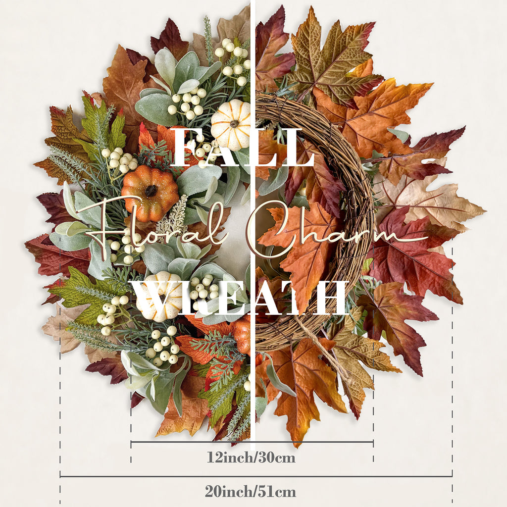 20 Inch Fall Pumpkin Wreath with Berries & Maple Leaves