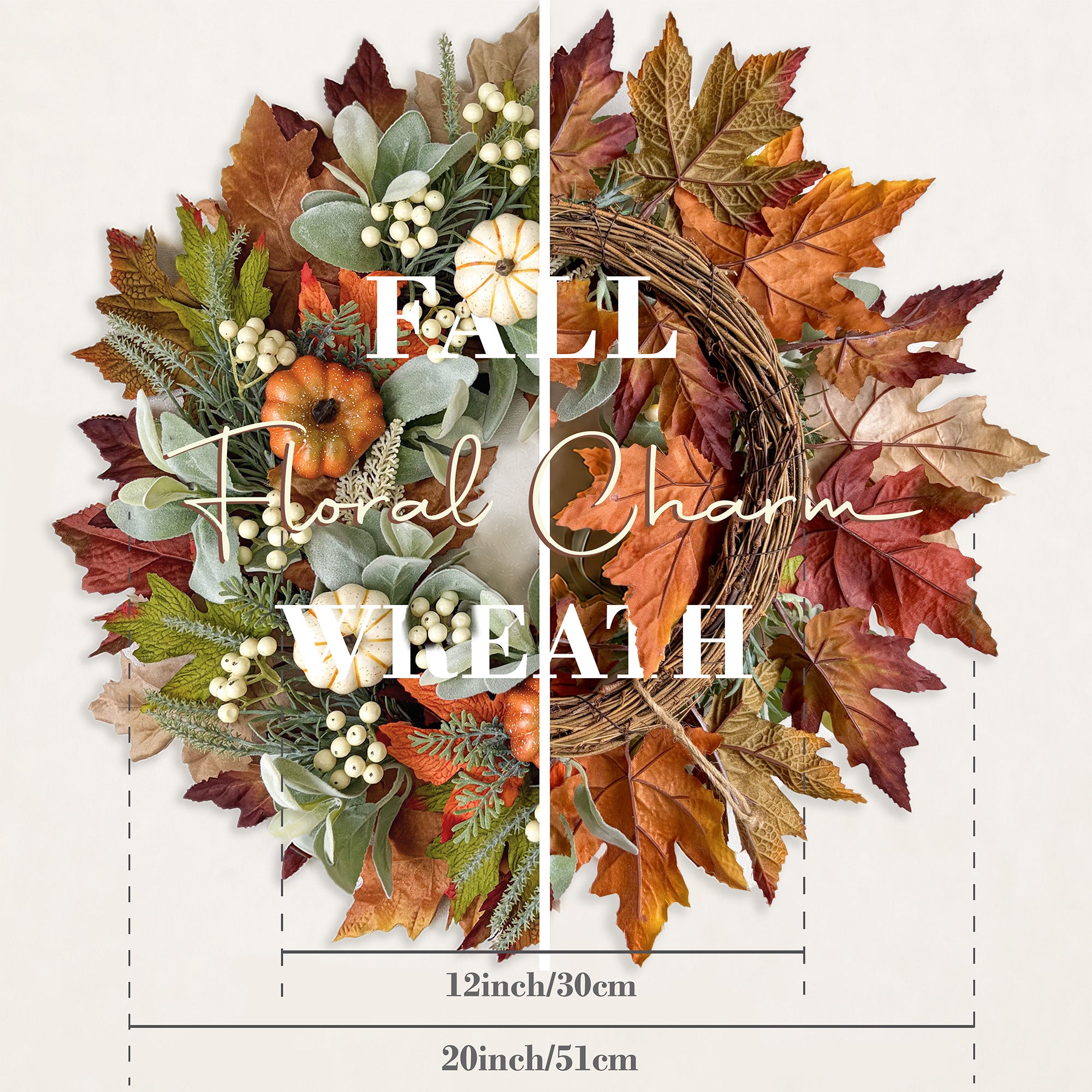 20 Inch Fall Pumpkin Wreath with Berries & Maple Leaves