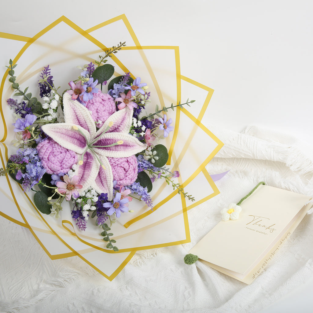 Purple Crochet Flower Bouquet with Lily, Rose & Lavender