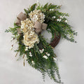 22 Inch White Hydrangea Wreath with Greenery & Burlap Bow