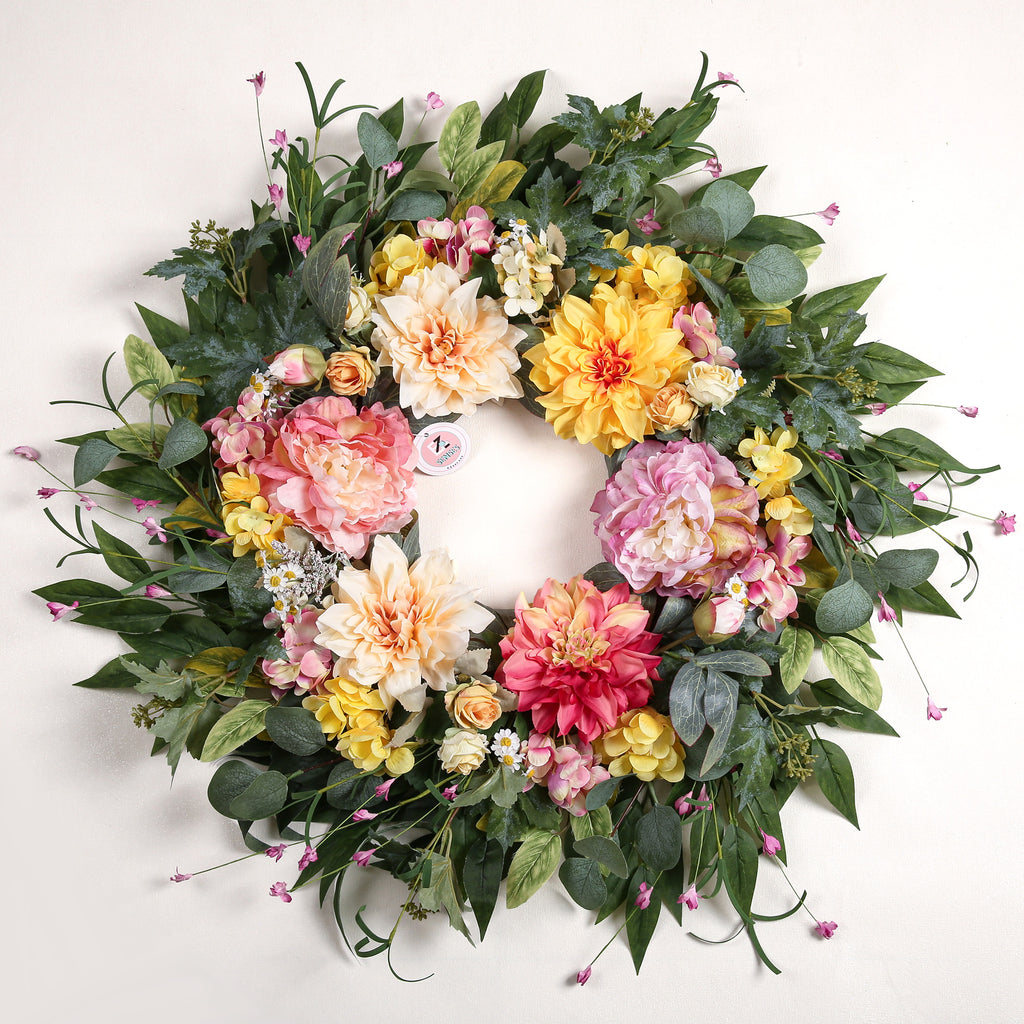 Artificial Dahlia Floral Spring Summer Wreath - 24 Inch