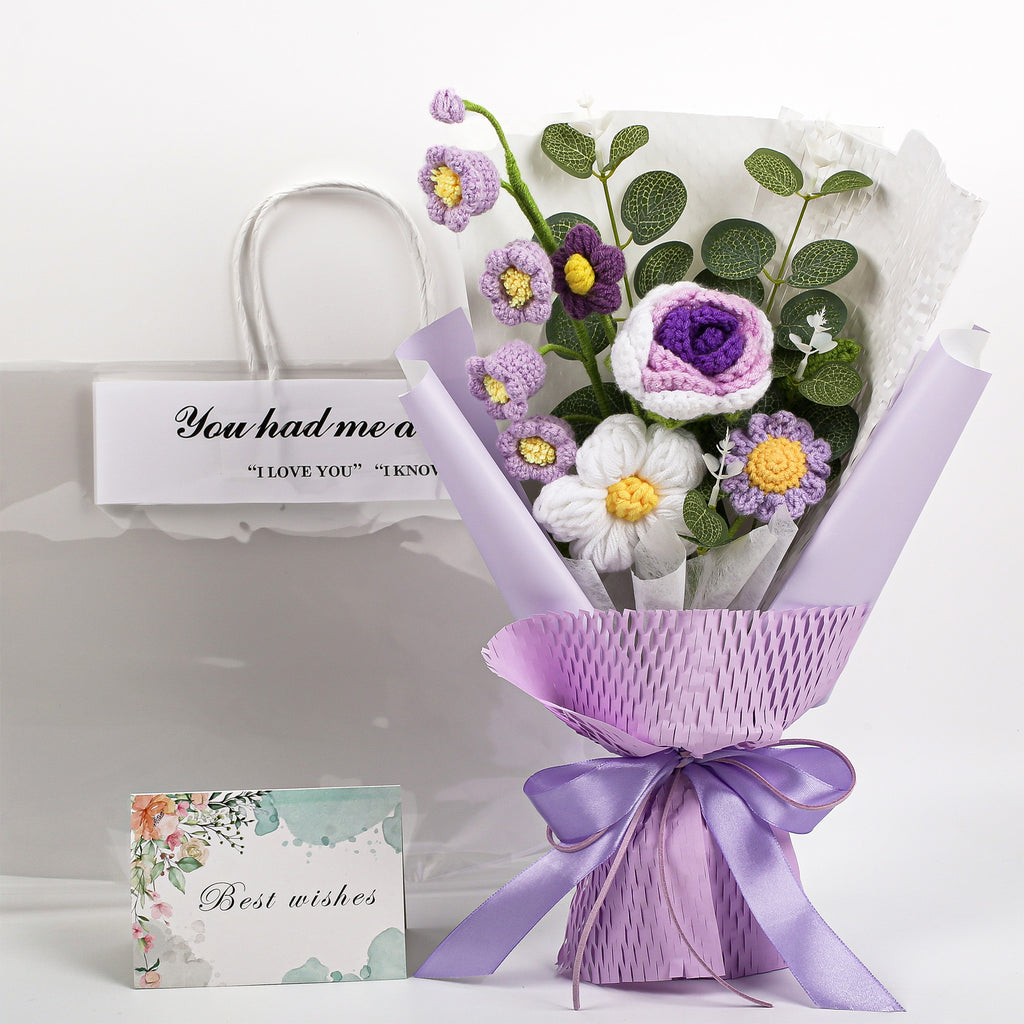 Hand-Knitted Rose & Lily of the Valley Crochet Bouquet - Tiny Purple