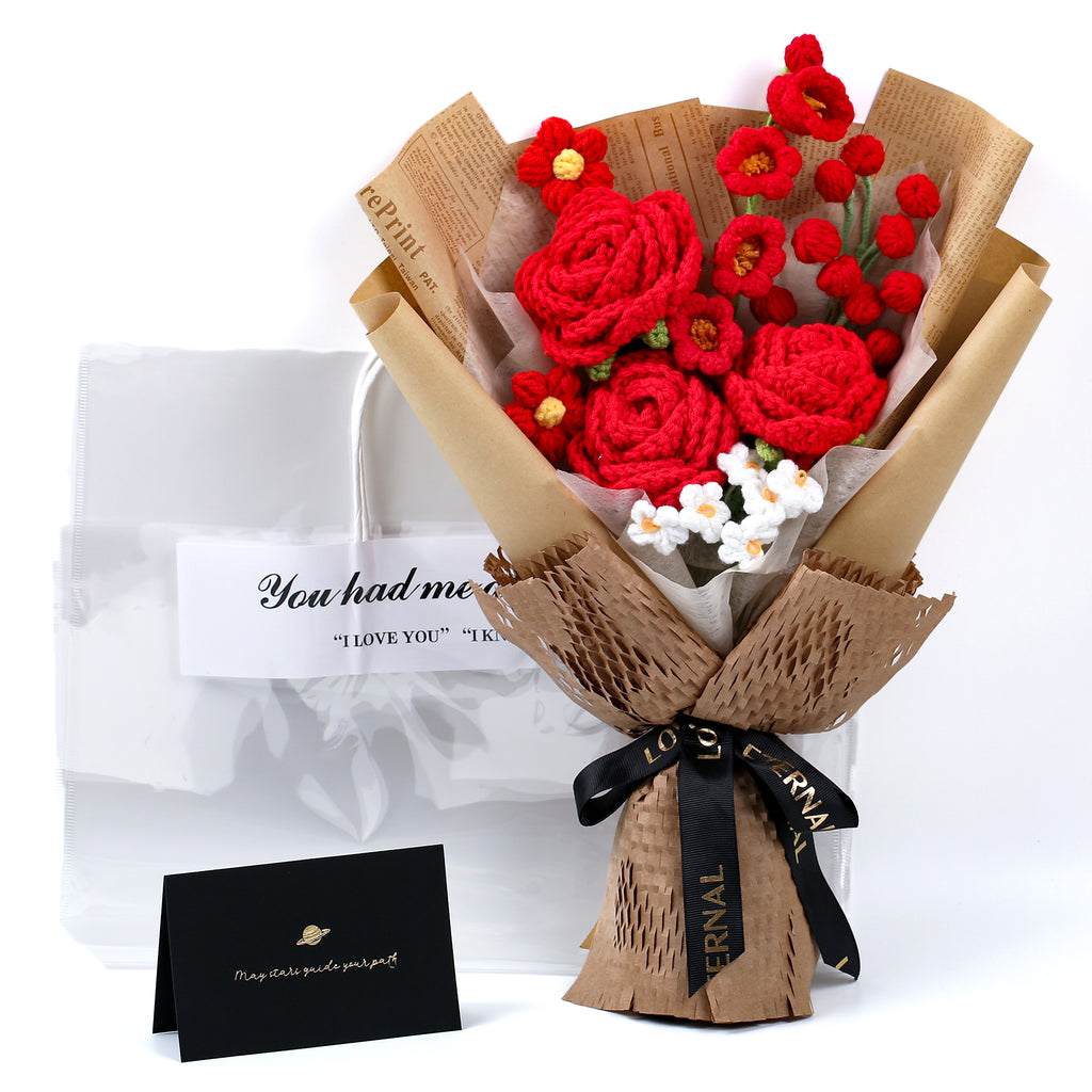 Rose & Lily of the Valley Crochet Bouquet - Red