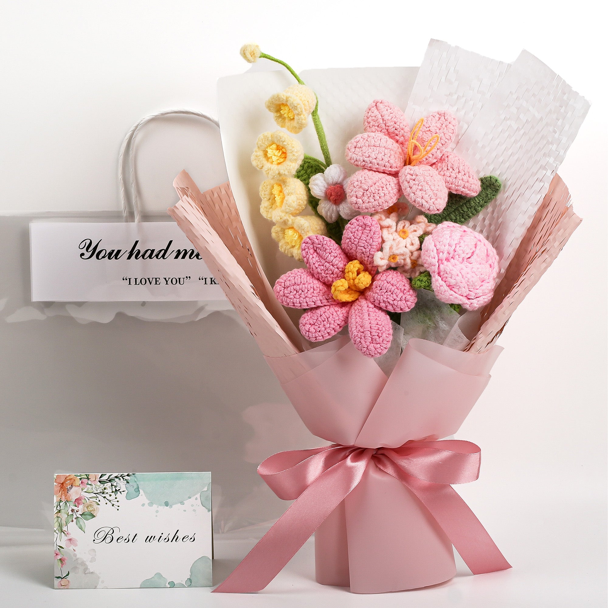 Hand-Knitted Tulip & Lily of the Valley Crochet Bouquet - Tiny Pink