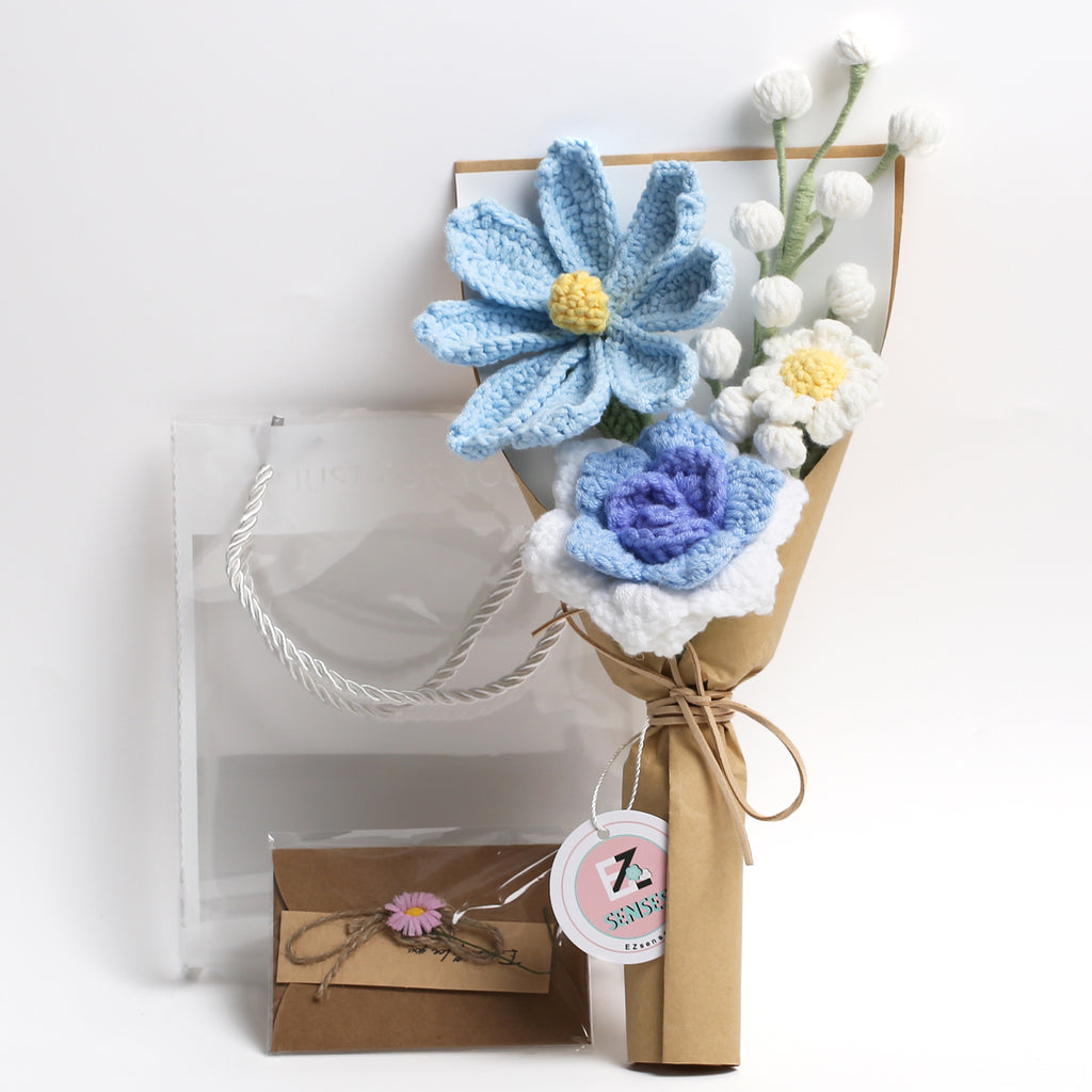 Mini Crochet Flowers Bouquet with Cosmos - Blue