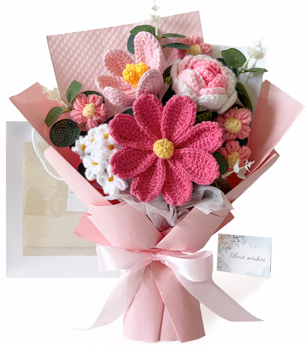Crochet Flower Bouquet, Handmade Pink Knitted Flowers