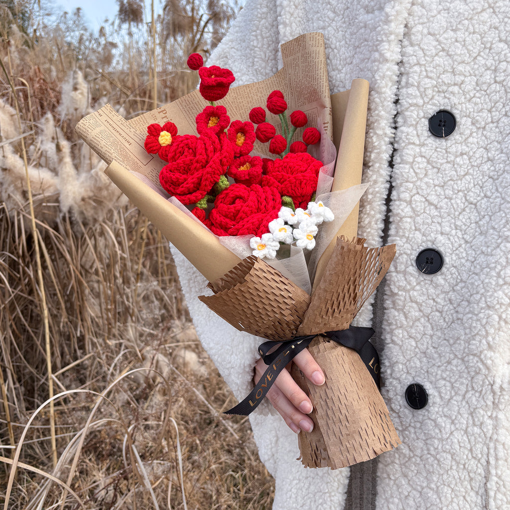 Rose & Lily of the Valley Crochet Bouquet - Red