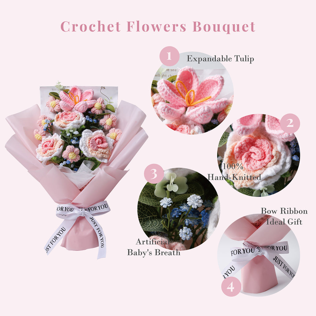 Rose & Tulip Crochet Bouquet - Pink