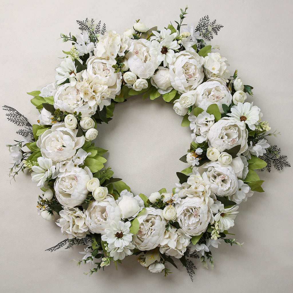Peony Wreath - Floral Artificial Wreath - White 23"