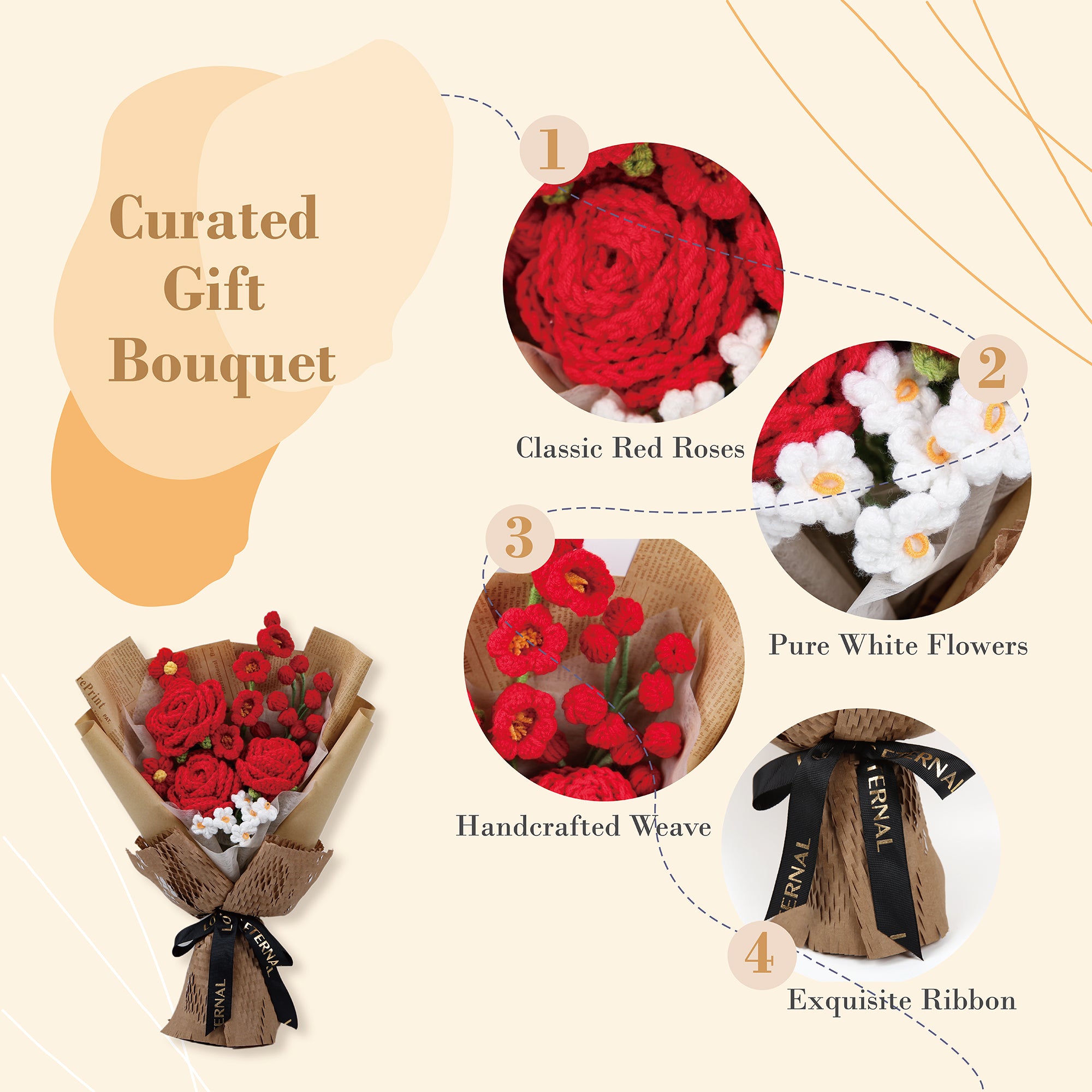 Rose & Lily of the Valley Crochet Bouquet - Red