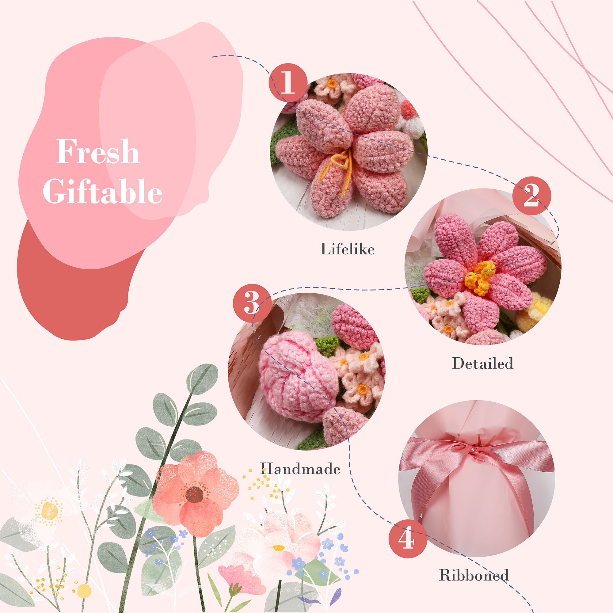 Hand-Knitted Tulip & Lily of the Valley Crochet Bouquet - Tiny Pink