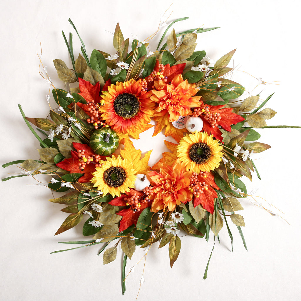 Autumn Door Decor with Pumpkins, Sunflowers & Maple Leaves 24"