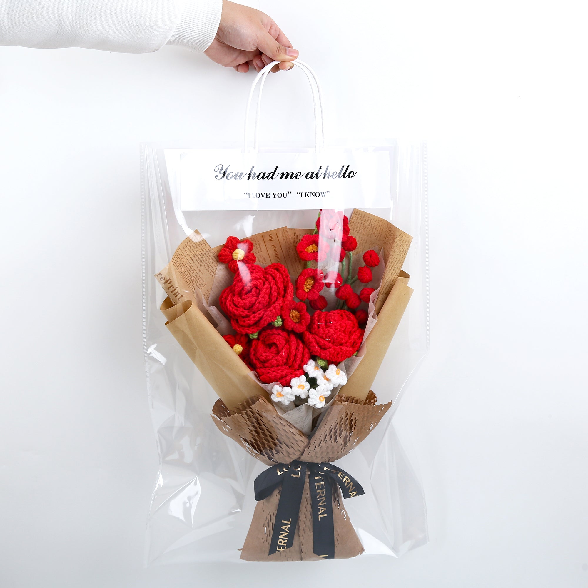 Rose & Lily of the Valley Crochet Bouquet - Red