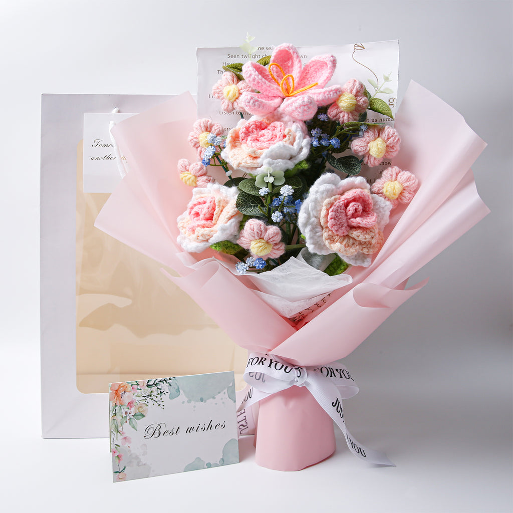 Rose & Tulip Crochet Bouquet - Pink