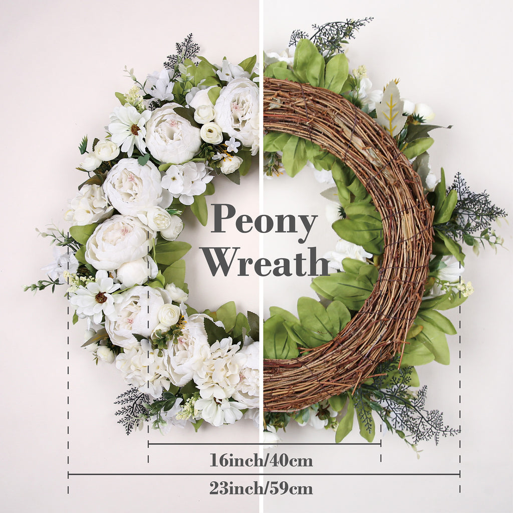 Peony Wreath - Floral Artificial Wreath - White 23"