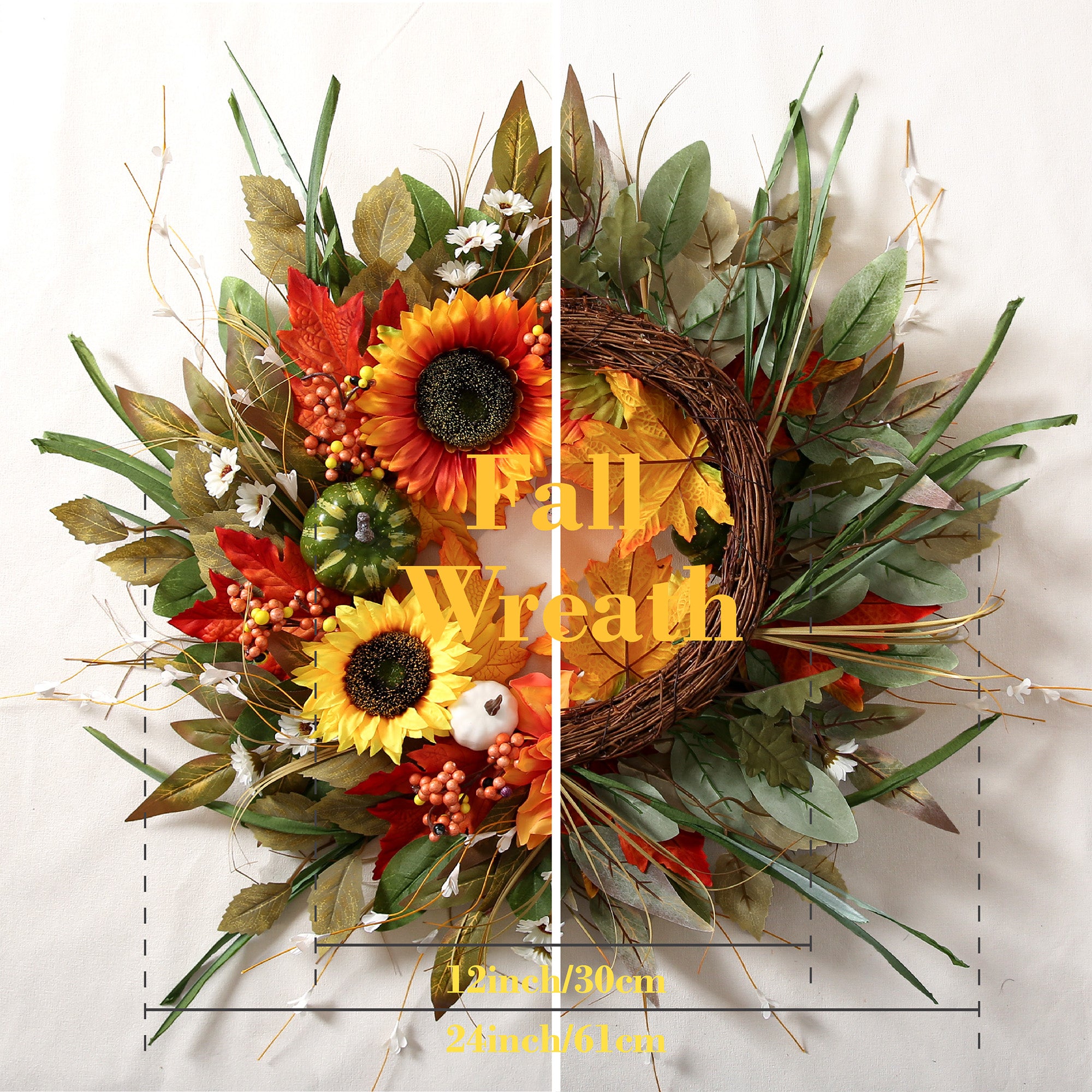 Autumn Door Decor with Pumpkins, Sunflowers & Maple Leaves 24"