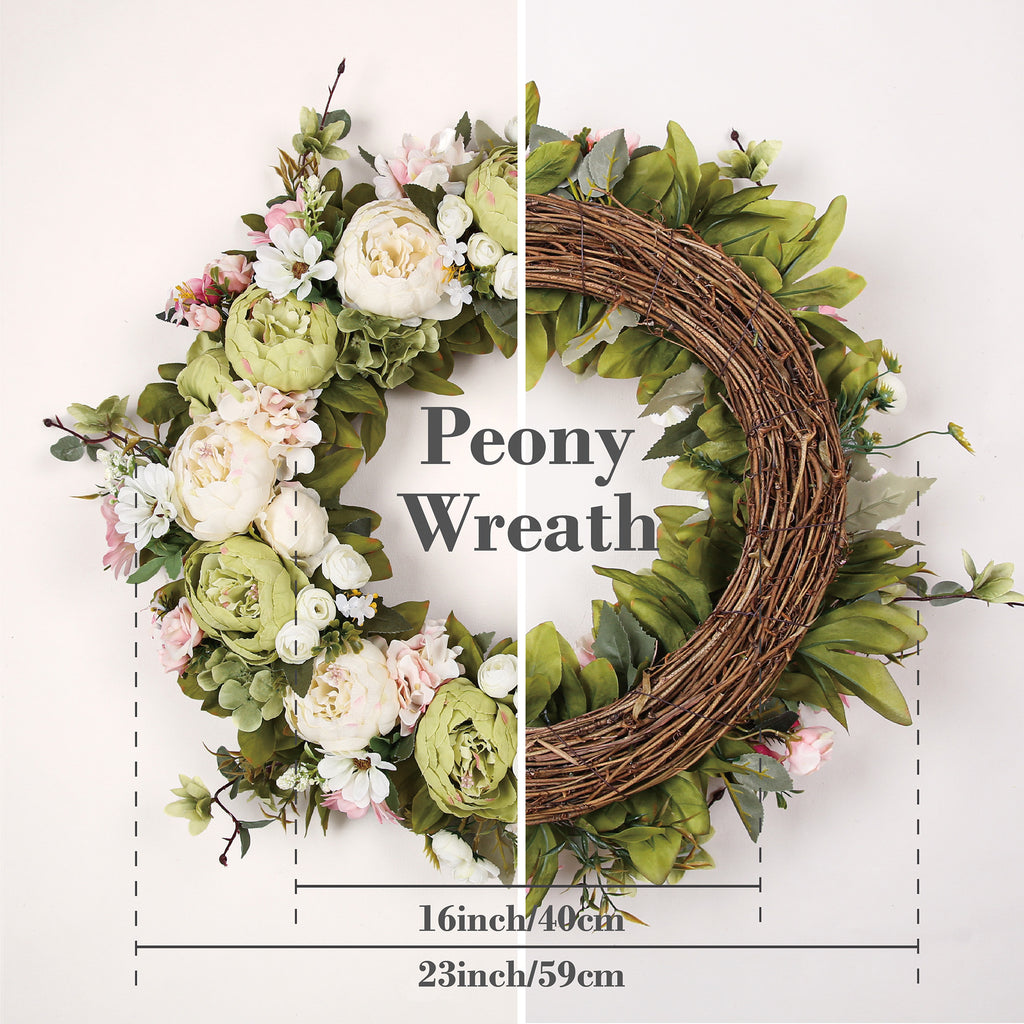 Peony Wreath - Floral Artificial Wreath - Green 23"