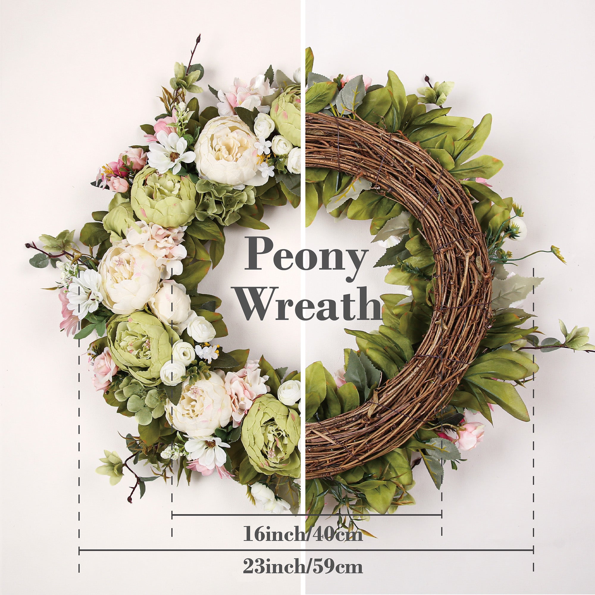 Peony Wreath - Floral Artificial Wreath - Green 23"
